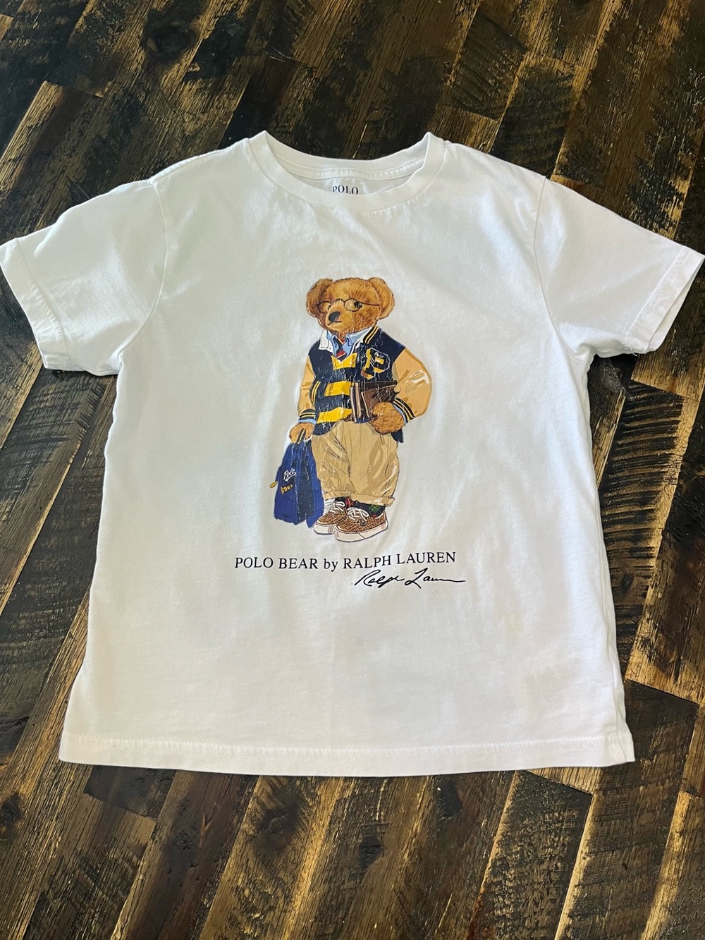 Polo RALPH LAUREN Collegiate Polo Teddy Bear Graphic T Shirt White Kids Small
